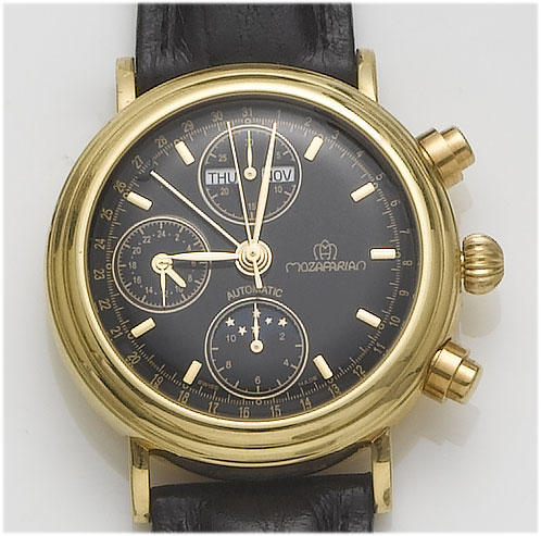 Mozafarian. An 18ct gold automatic day-date chronograph wristwatch with lunar and 24hr indicators