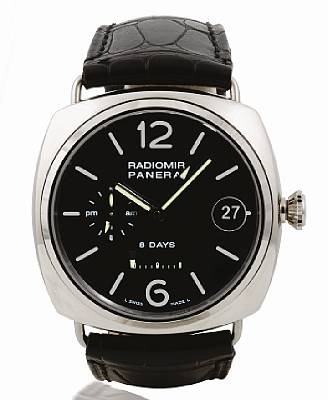 Officine Panerai. A rare large cushion shaped manual wind 18ct white gold wristwatch with GMT, 8 days power reserve