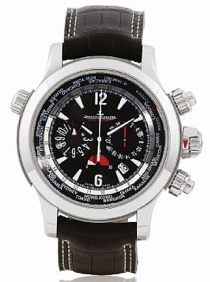 Jaeger LeCoultre. A fine stainless steel automatic chronograph with world time, day and night indication wrist watch