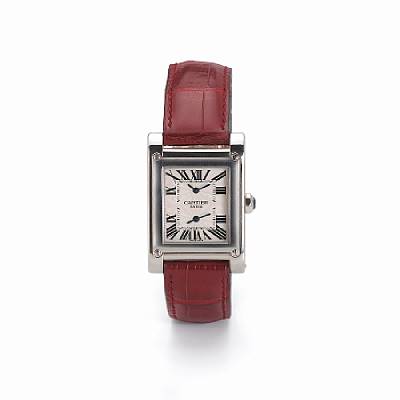 Cartier. A fine and rare special-edition 18k white gold large rectangular dual-time zone wristwatch