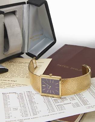 Patek Philippe. An 18k gold rectangular bracelet watch