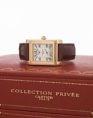 Cartier. A fine and rare special edition 18k rose gold large rectangular dual-time zone wristwatch
