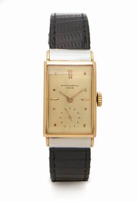Patek Philippe. A fine and rare 18k rose gold and platinum rectangular wristwatch with hooded shoulders