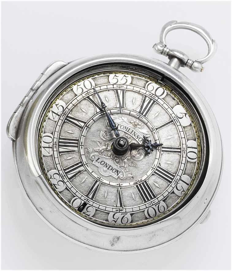 William Tomlinson. An early 18th century silver pair case pocket watch