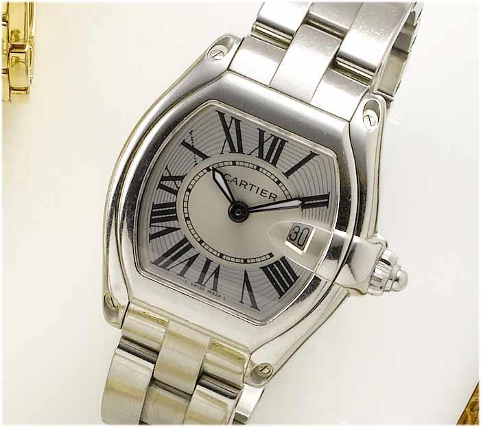 Cartier. A lady's stainless steel calendar bracelet watch with fitted box and papers