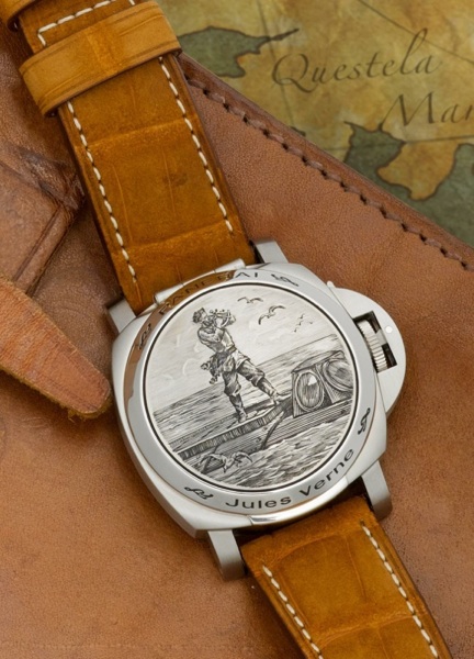 Officine Panerai. A fine and rare automatic stainless steel hunter case with engraving limited edition wristwatch