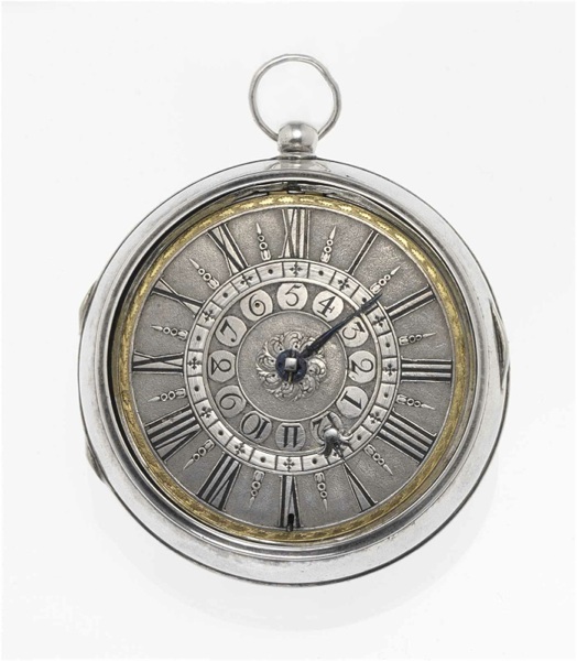 Joseph Windmills. A fine and rare early 18th century silver pair cased repeating alarm pocket watch