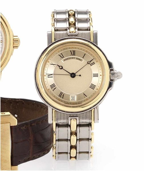 Breguet. A fine stainless steel and gold automatic centre seconds calendar bracelet watch