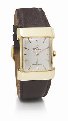 Omega. A 14k gold rectangular wristwatch with prominent shoulders