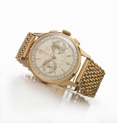 Longines. A very fine 18k rose gold chronograph wristwatch on associated 18k rose gold bracelet