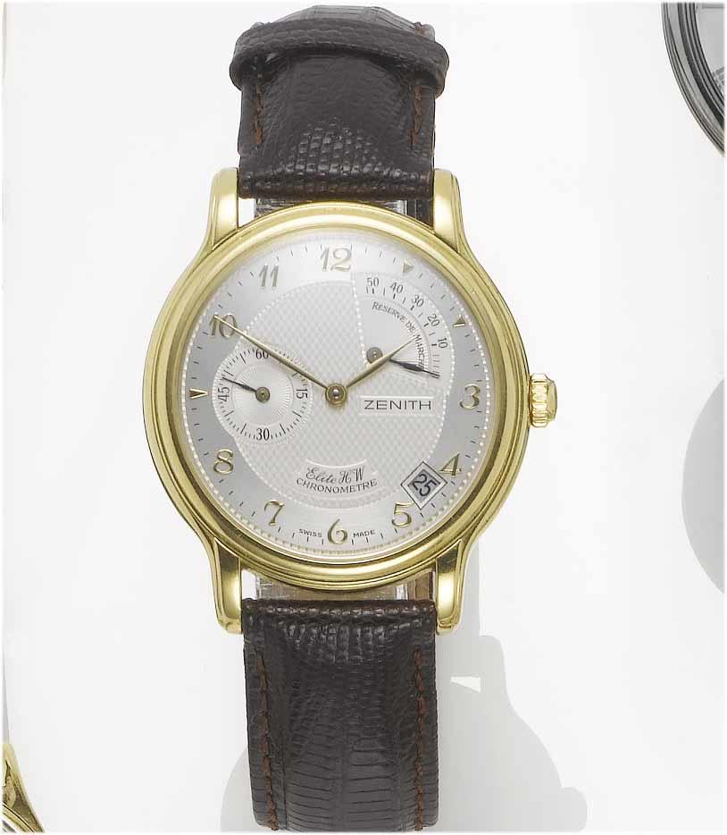 Zenith. A fine 18ct gold calendar wristwatch with power reserve