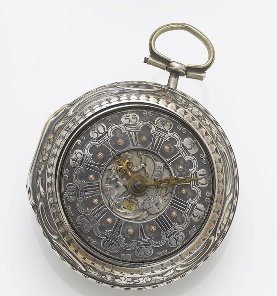 Miller, London. An early 18th century silver calendar pair case pocket watch