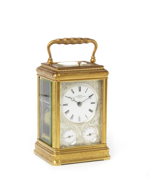 A mid to late 19th century French repeating carriage clock with engraved case