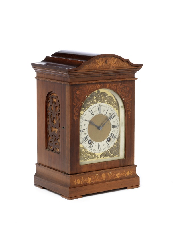 An early 20th century inlaid mahogany quarter ting-tang striking mantel clock
