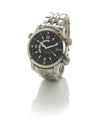 Jaeger LeCoultre. A very fine stainless steel automatic centre seconds calendar alarm bracelet watch