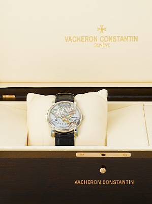 Vacheron Constantin. A fine and unusual platinum automatic wristwatch with retrograde marine divider hands over an enamel map of America with an 18K white gold Vacheron Constantin double deployant clasp together with the original fitted box and certificat