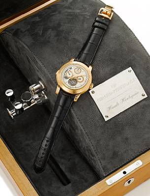 Girard-Perregaux. An extremely fine and important 18k rose gold Westminster Carillon minute-repeating wristwatch with visible one-minute tourbillon regulator under three bridges, perpetual calendar with leap year indication, together with fitted box, orig