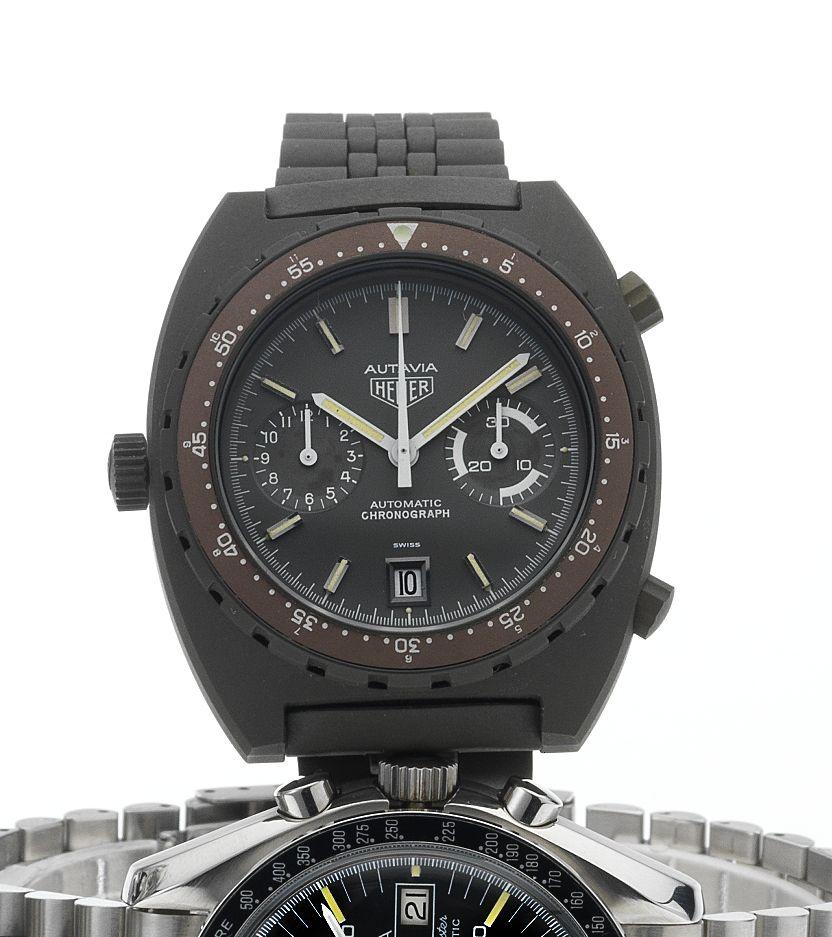 Heuer. A fine and rare olive colour PVD coated Military type automatic chronograph wristwatch