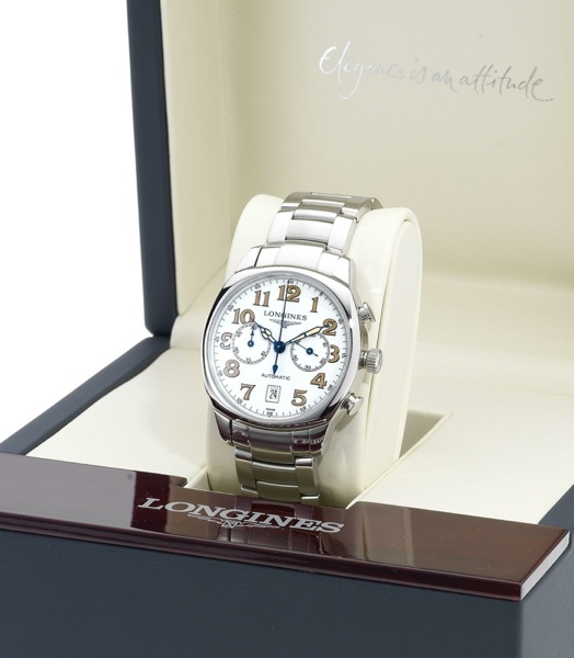 Longines. A fine stainless steel automatic chronograph bracelet watch with fitted box and papers