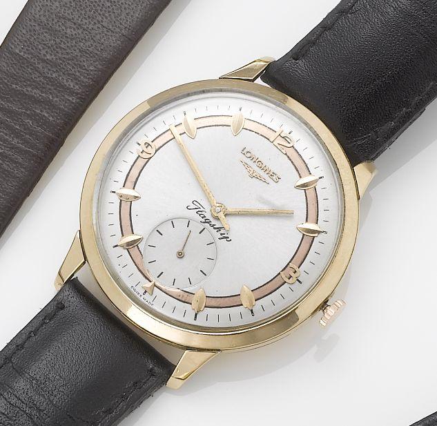 Longines. An 18ct rose gold wristwatch