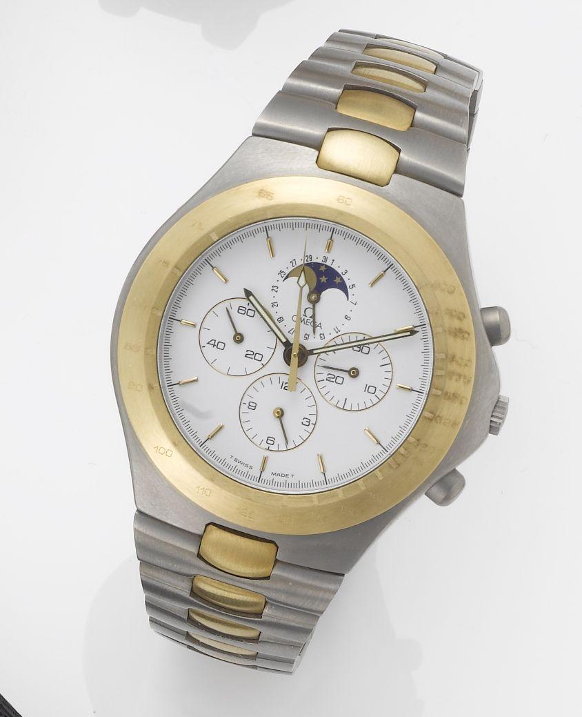 Omega. A fine and rare titanium and gold limited edition chronograph wristwatch with moon phases