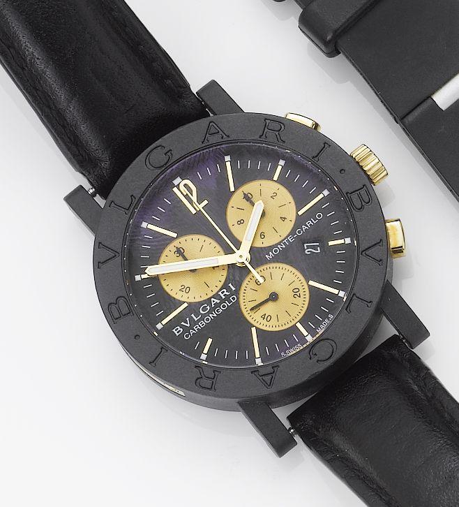 Bulgari. A limited series carbon and 18ct gold chronograph calendar wristwatch