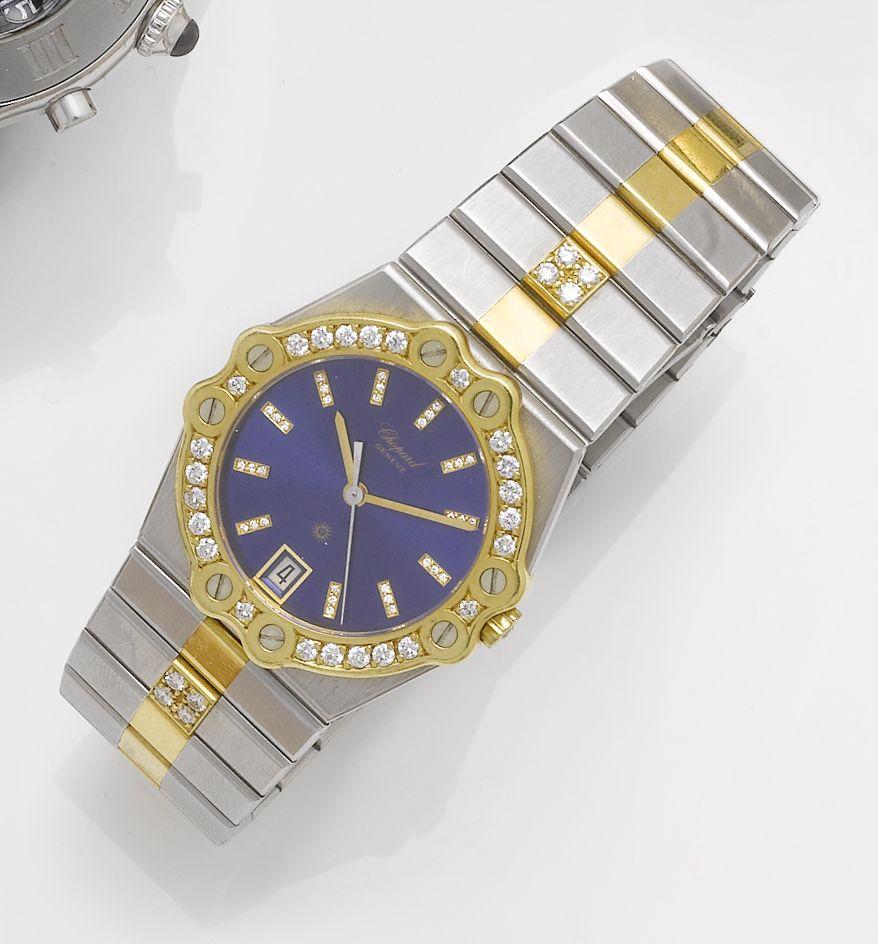 Chopard. A stainless and gold diamond set centre seconds calendar bracelet watch