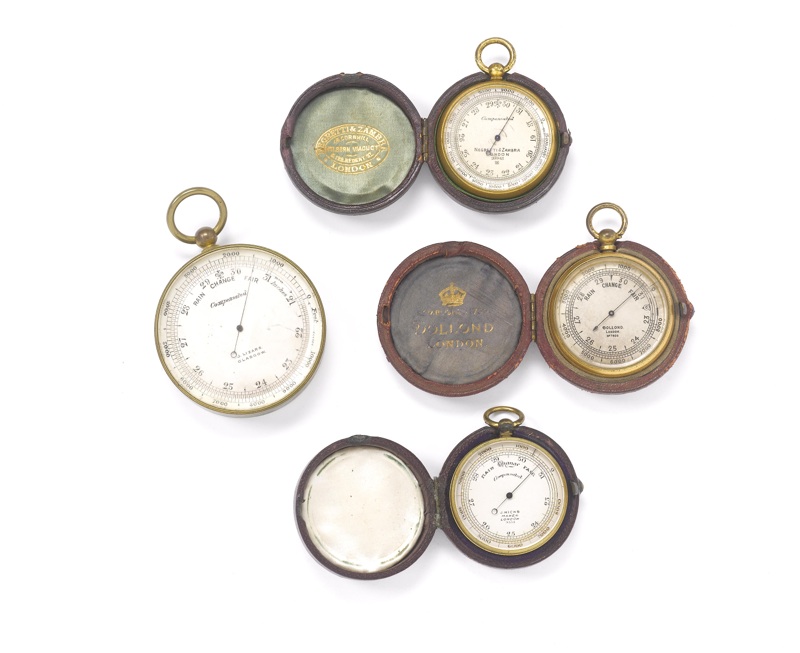 Four leather cased pocket aneroid barometers