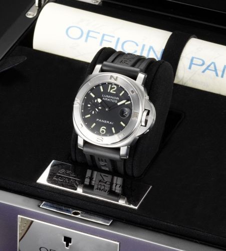 Officine Panerai. A fine limited edition stainless steel anti-magnetic automatic calendar wristwatch together with fitted presentation box and papers