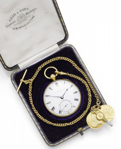 Bennett. A late 19th century 18ct gold open face pocket watch with 18ct gold curb link chain with two gold George III Sovereigns
