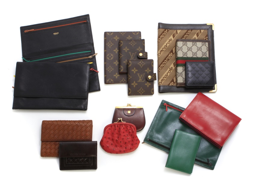 An assembled group of wallets and coin purses