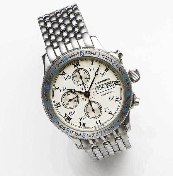 Longines. A stainless steel automatic calendar chronograph bracelet watch Lindbergh, Case No.674.5232, Sold 24th July 1990