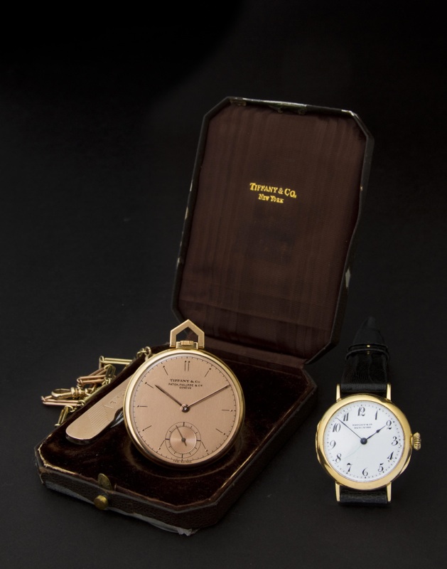 Patek Philippe & Cie. A fine 18K rose gold Art Deco dress watch with two color gold chain and rose gold pocket knifeRetailed by Tiffany & Co., Case no. 418225, Movement no. 890155, circa 1943