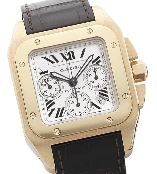 Cartier. An 18ct rose gold automatic chronograph calendar wristwatch together with fitted box Santos 100, Recent