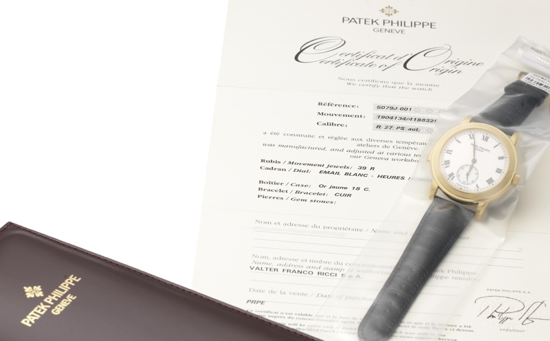 Patek Philippe. An exceptionally fine and very rare 18ct gold automatic cathedral minute repeating wristwatch still sealed in its original plastic together with fitted presentation box and Certificate of Origin Ref:5079, Case No.4188329, Movement No.19041