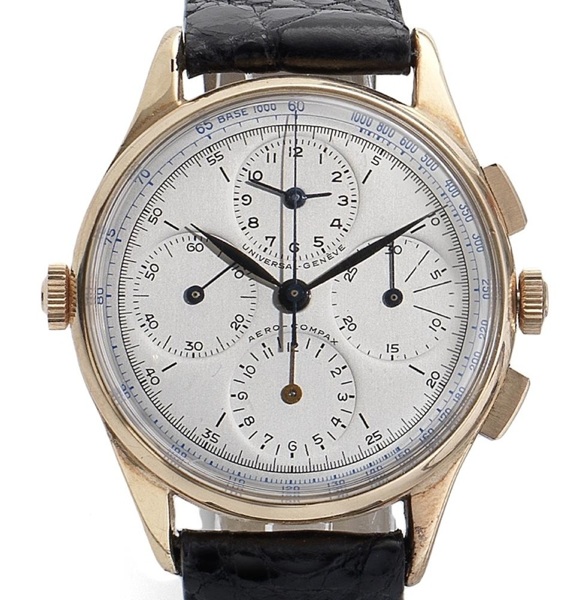 Universal. A gold cased manual wind chronograph wristwatch Aero-Compax, Case stamped with London Import Mark for 1962