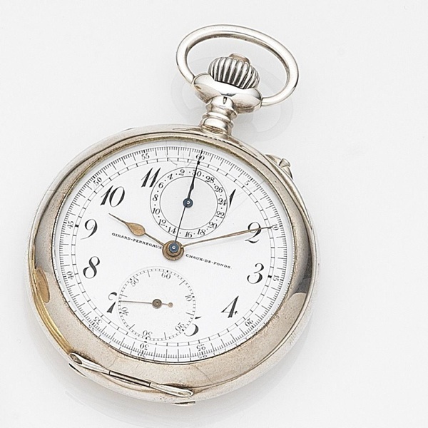 Girard-Perregaux. A silver keyless wind open face chronograph pocket watch