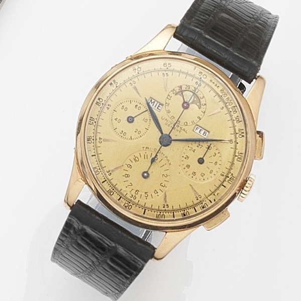 Universal. An 18ct gold manual wind triple calendar chronograph wristwatch