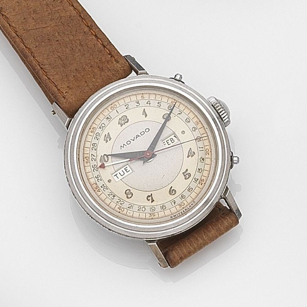 Movado. A stainless steel manual wind triple calendar wristwatch