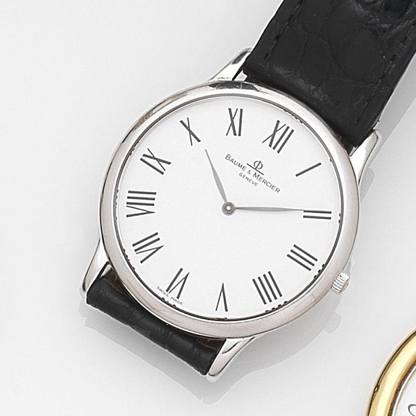 Baume & Mercier. An 18ct white gold quartz wristwatch together with silver pocket watch by Juvenia