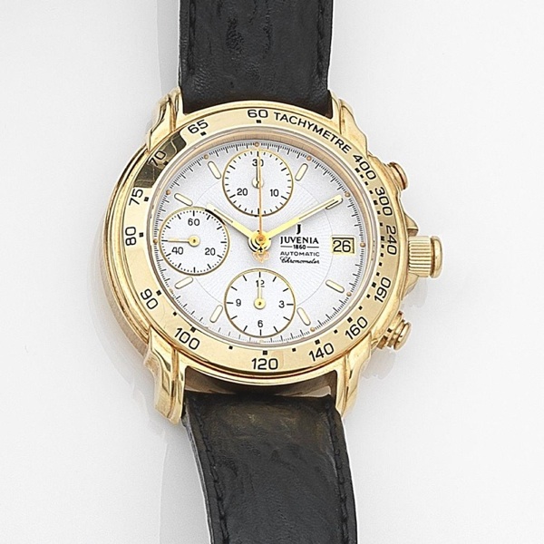 Juvenia. An 18ct gold automatic calendar chronograph wristwatch