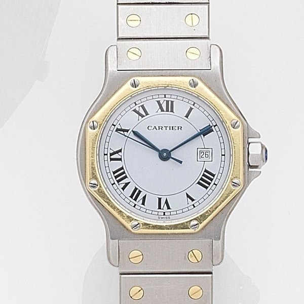 Cartier. A stainless steel and gold automatic calendar bracelet watch