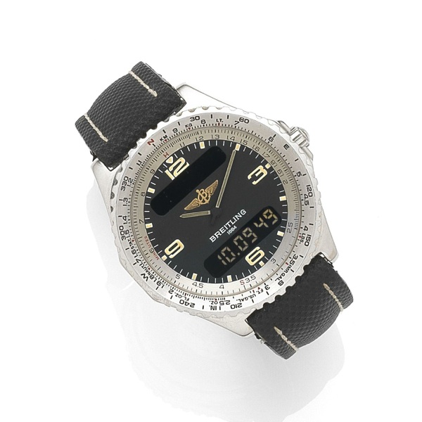 Breitling. A stainless steel quartz chronograph alarm wristwatch with digital display