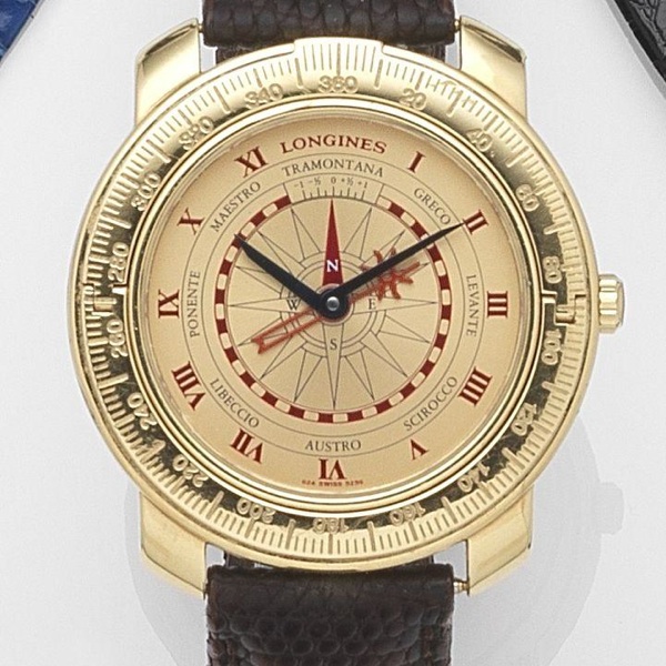 Longines. An 18ct gold automatic solar compass wristwatch
