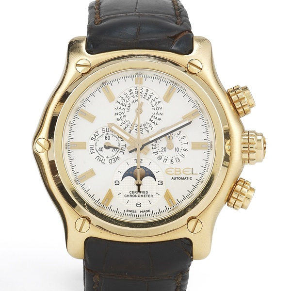 Ebel. An 18ct gold automatic perpetual calendar chronograph wristwatch with watch winding box