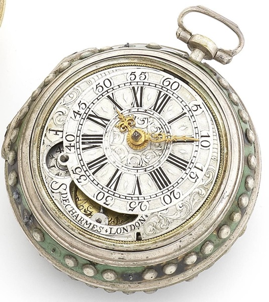 Simon De Charmes. A rare early 18th century tortoiseshell pair case pocket watch