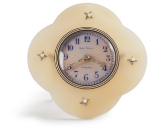 A fine gilt and enameled silver mounted agate desk clock