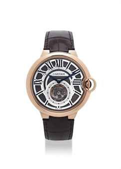 CARTIER. A VERY FINE AND RARE 18K PINK GOLD FLYING TOURBILLON WRISTWATCH