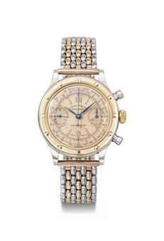 Rolex. A rare stainless steel and gold chronograph wristwatch with pink dial and bracelet
