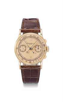Patek Philippe. A very fine and rare 18K pink gold split seconds chronograph wristwatch with pink dial